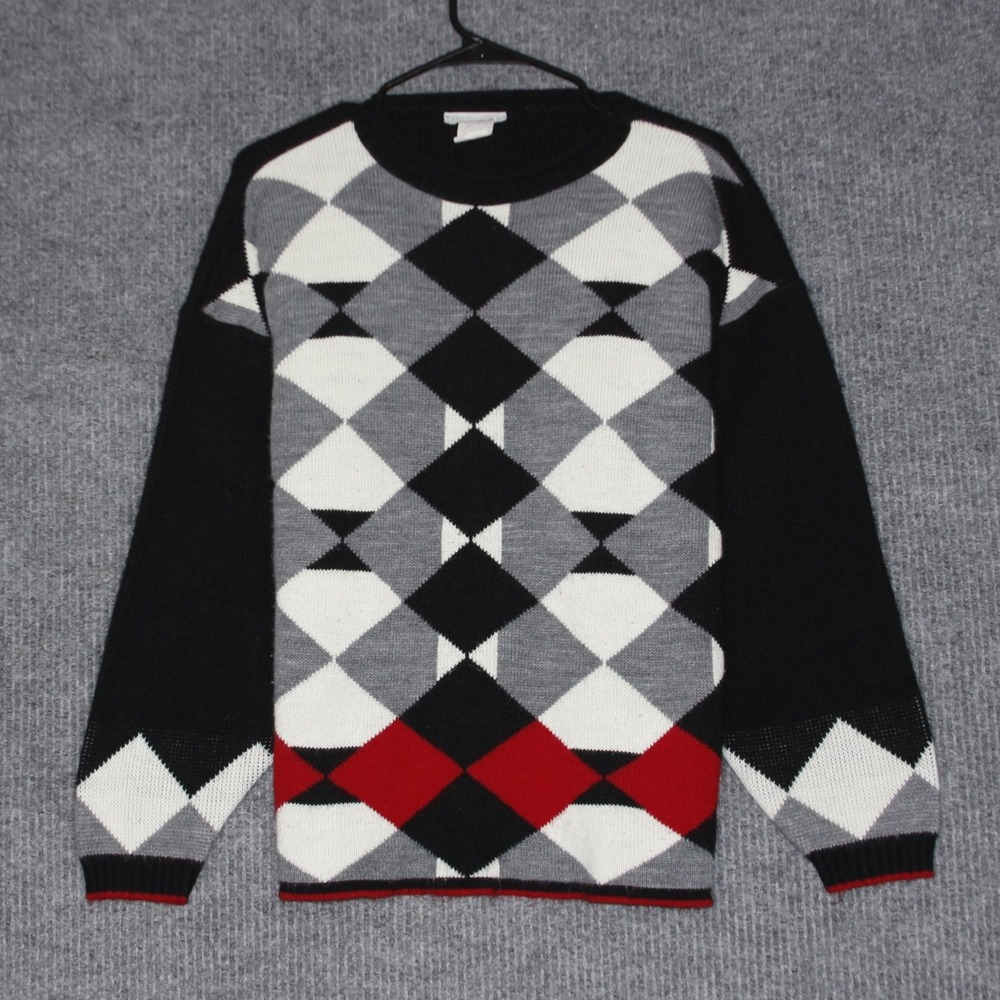 Cabin Creek‎ Mens Sweater Black White Gray Red Argyle Long Sleeve Knit Size L
